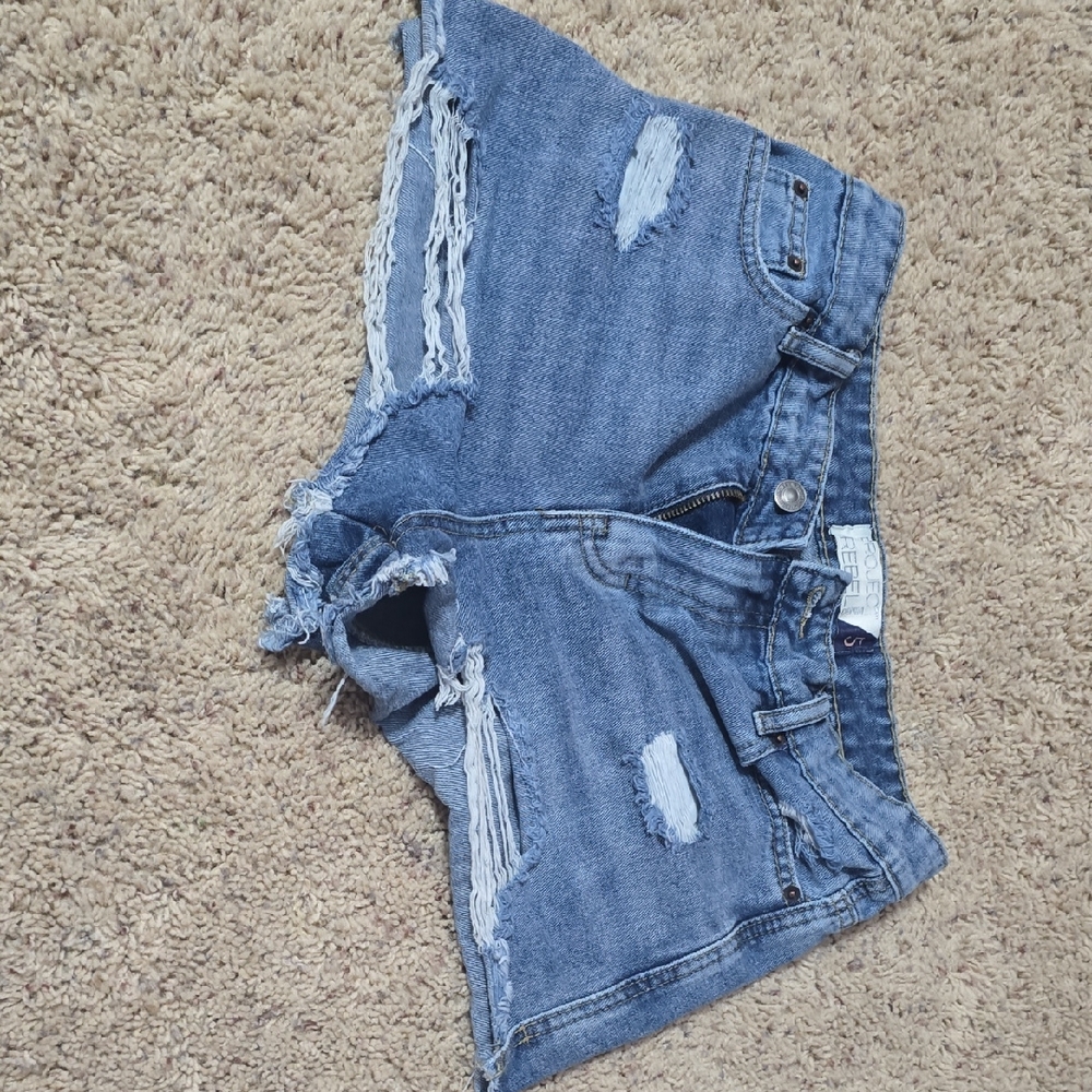 Blue Distressed Jean Shorts with Frayed Hem
